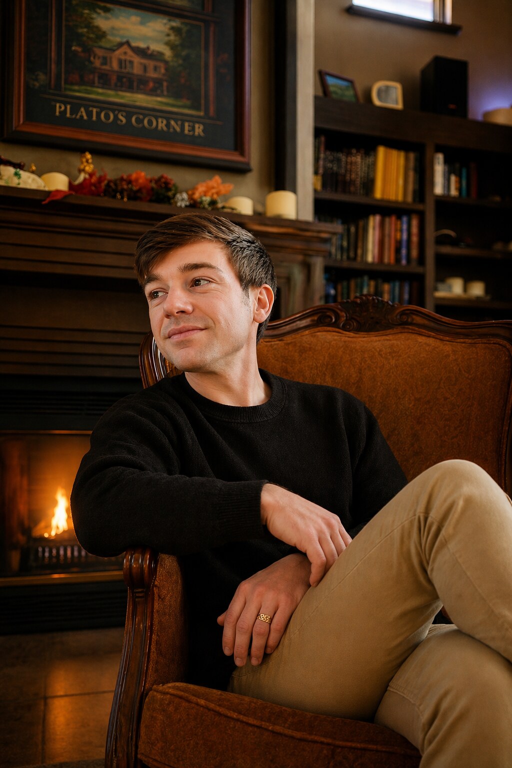 Avery Lane Maxwell seated by the fireplace at the Frisco Inn on Galena, with the Plato's Corner frame above the mantel