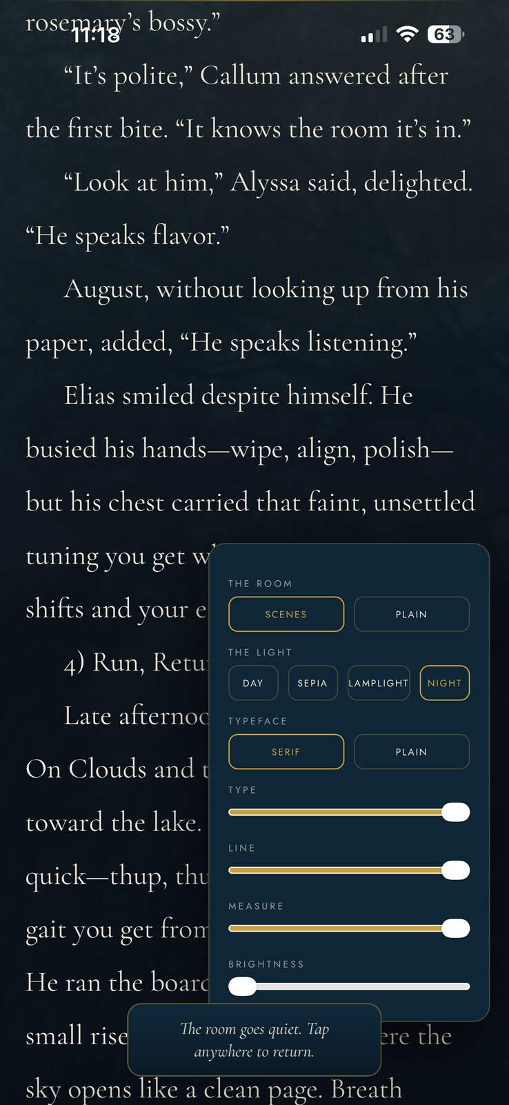 Reading controls: the room, the light, typeface, measure, brightness.